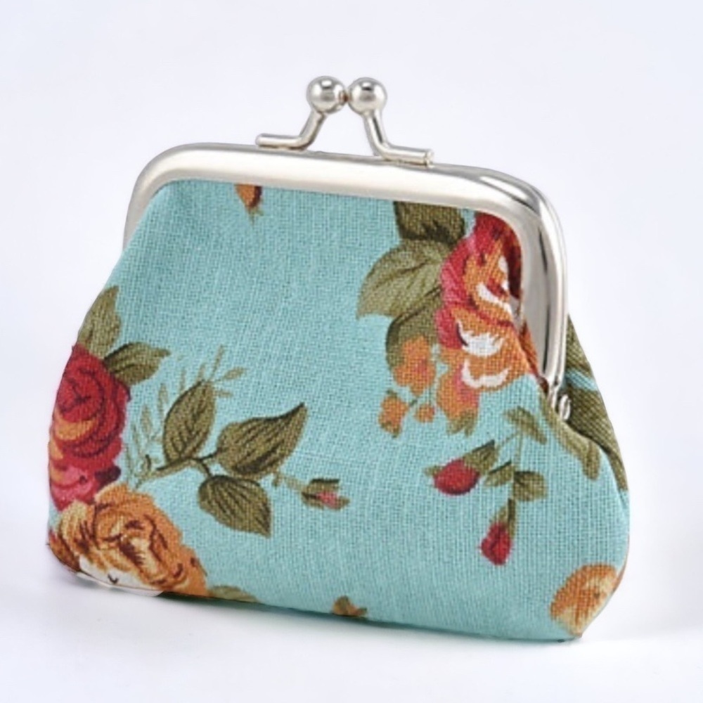 Purse Coin Bag French Kiss Clasp Storage Change Victorian Rose Floral Blue - Picture 3 of 16